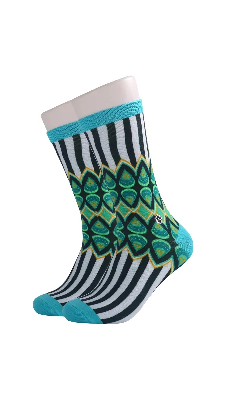 Aqua Blue Batik Patterned Cotton Crew Socks | Adiwarna