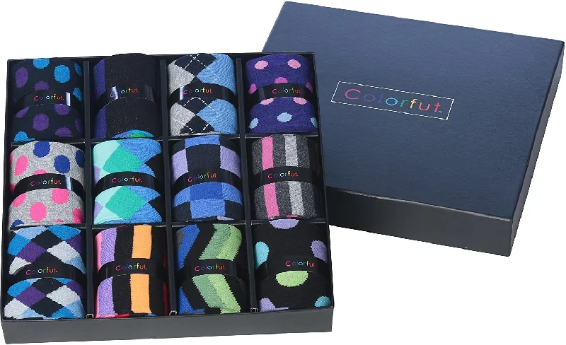 Colorfut Men's 12 Pairs Soft Cotton Blend Colorful Funky Gift Box Dress Socks