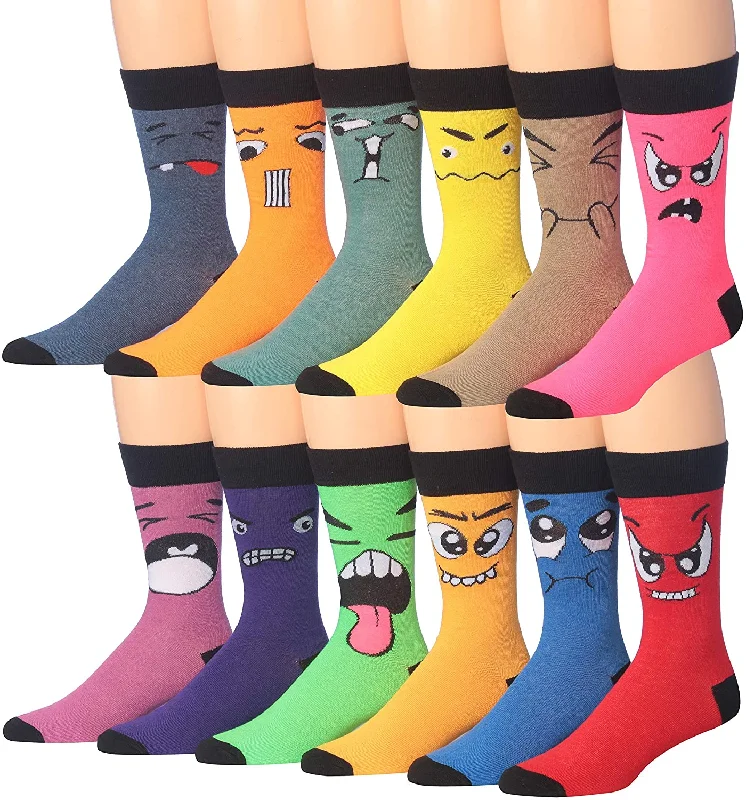 Fiallo Mens 12 Pairs Funny Faces Striped Colorful Crew Socks