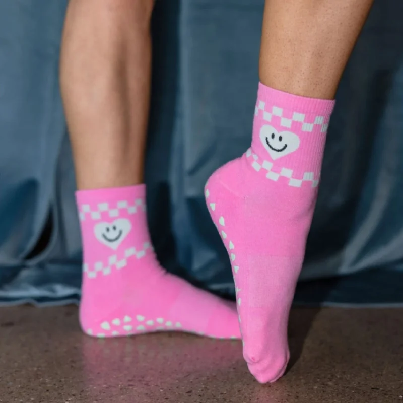 Pink Smiley - Crew Grip Sock (Barre / Pilates)