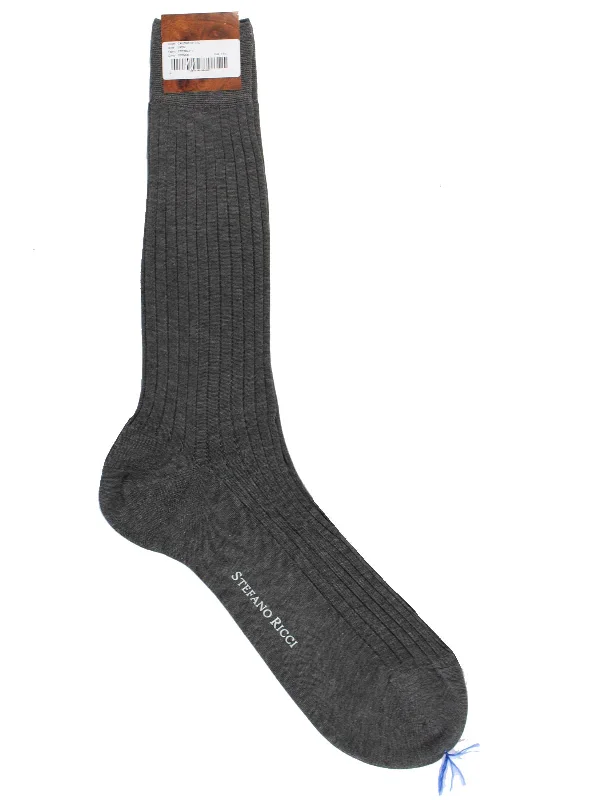 Stefano Ricci Socks Gray Ribbed - US 11.5/ EUR 45 Mid Calf Men Socks