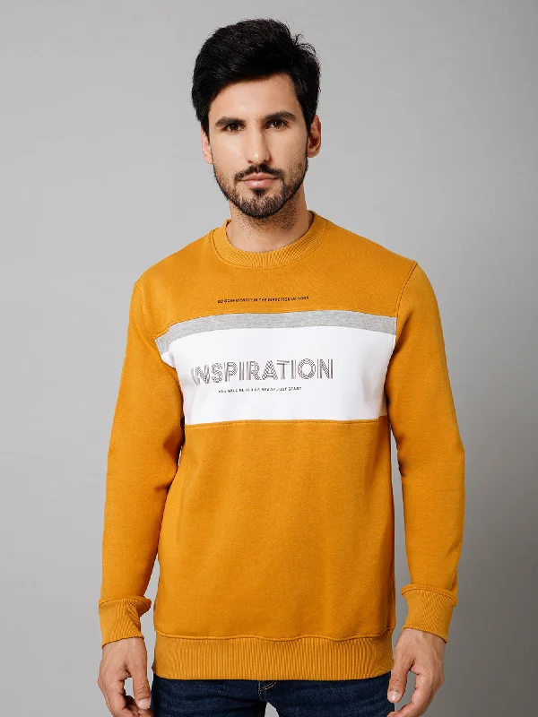 Printed Mustard Full Sleeves Round Neck Regular Fit Casual Sweatshirt For Mens