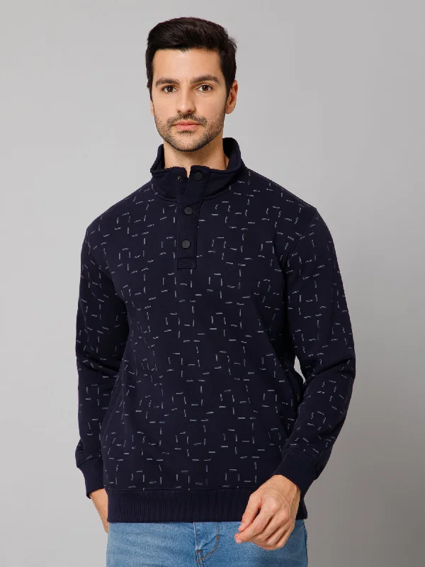 Printed Navy Blue Full Sleeves Mock Collar Regular Fit Casual Sweatshirt for Men