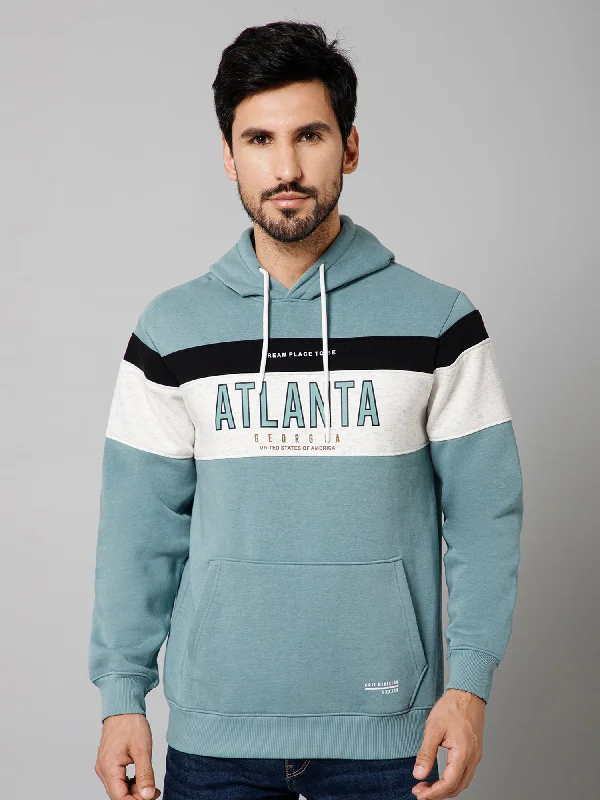 Printed Teal Full Sleeves Regular Fit Casual Sweatshirt with Hoodie with Men