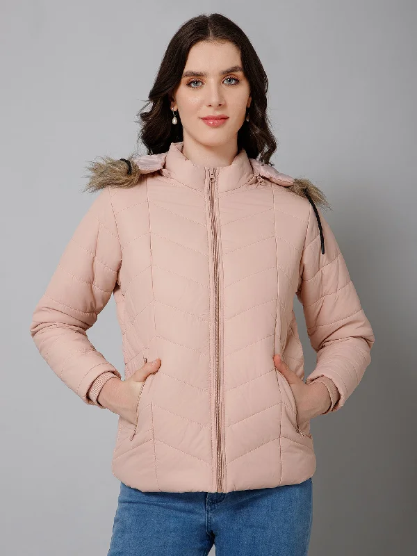 Women's Casual  Light Pink Quilted Detachable Hood with Faux Fur trim Jacket