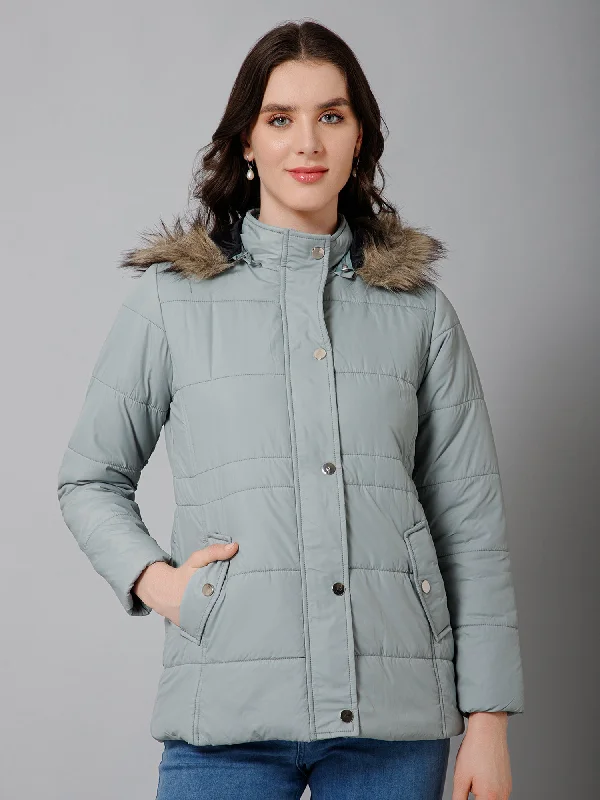 Women's Casual  Pista Green Quilted Detachable Hood with Faux Fur trim Jacket