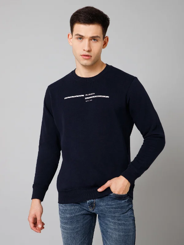 Solid Navy Blue Full Sleeves Round Neck Regular Fit Casual Sweatshirt For Men