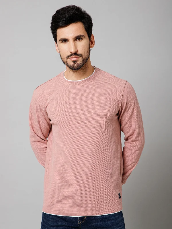 Solid Pink Full Sleeves Round Neck Regular Fit Casual Sweatshirt for Mens