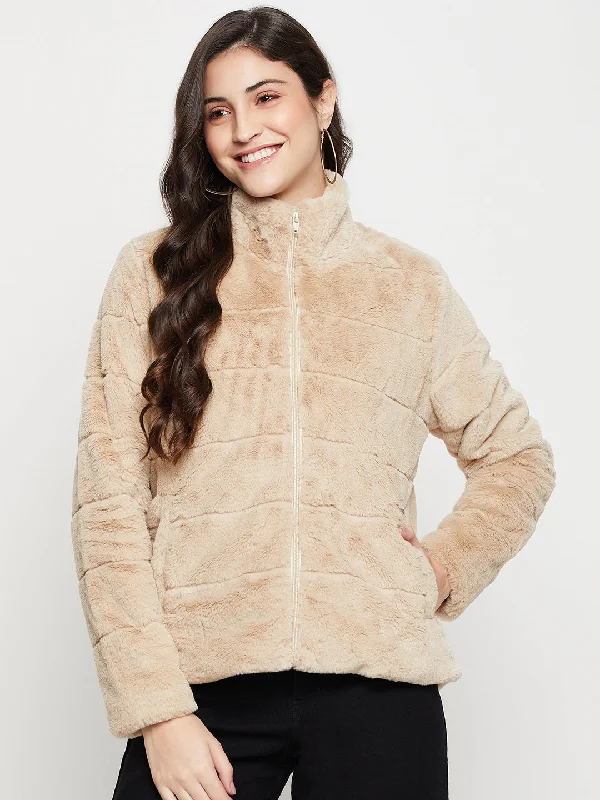 Women's Casual  Beige Soft Faux Fur  Jacket