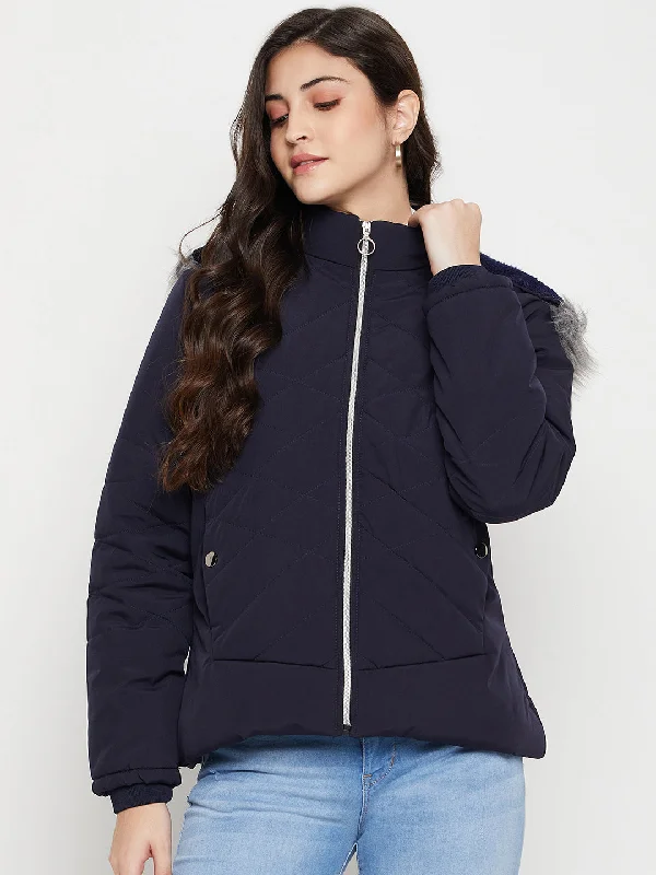 Women's Casual  Navy Blue Quilted Detachable Hood with Faux Fur trim Jacket