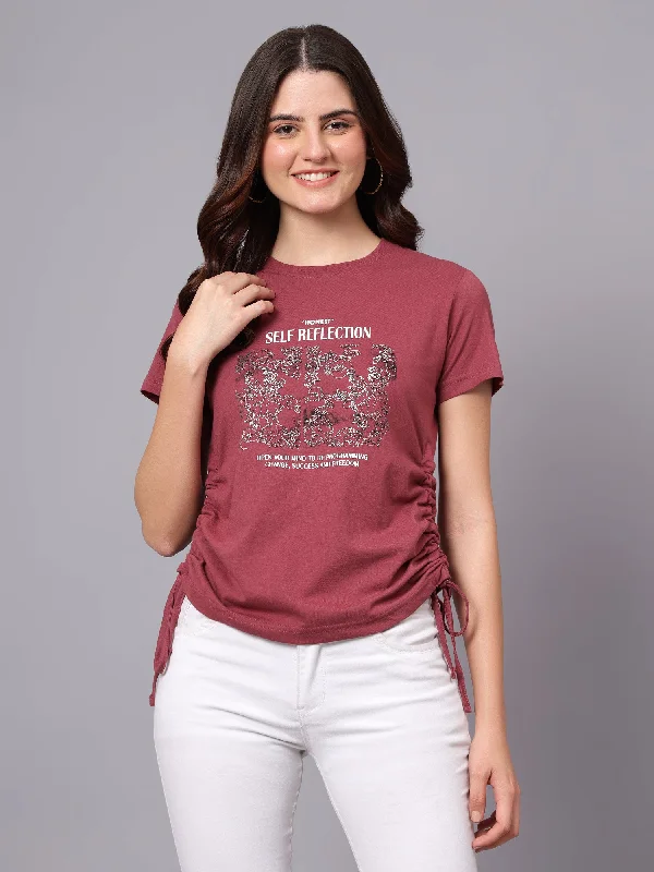 Women's Pink Printed Round Neck T-shirt