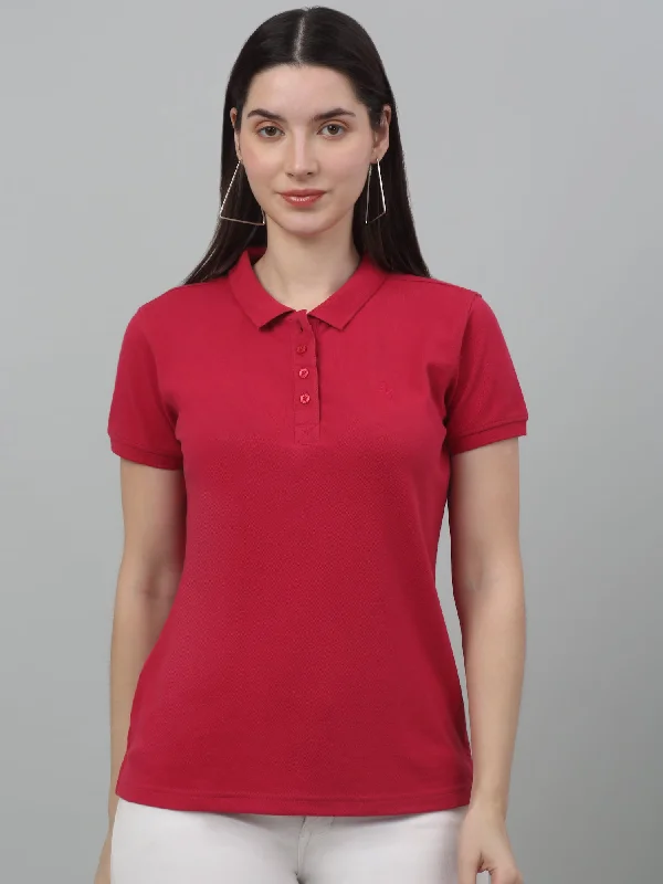 Women's Casual Regular Short Sleeve Pink Polo neck  T-Shirt