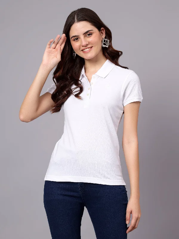 Women's White Solid Polo Neck T-shirt