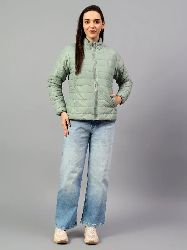 Women's Green Solid Full Sleeves Winter Jacket