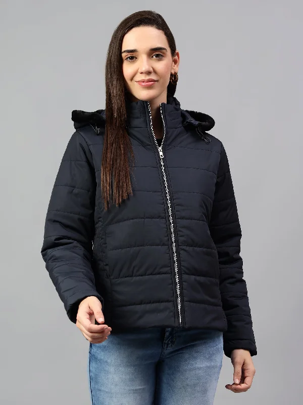 Women's Navy Blue Solid Full Sleeves Winter Jacket