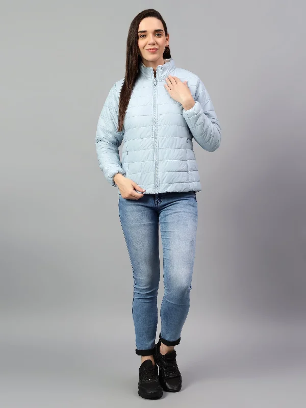 Women's Sky Blue and White Solid Reversible Winter Jacket