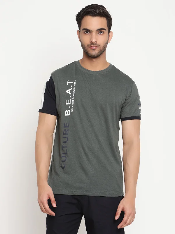 Men's Olive Green Round neck Half Sleeve T-Shirt with Print & vertical color block on sleeve