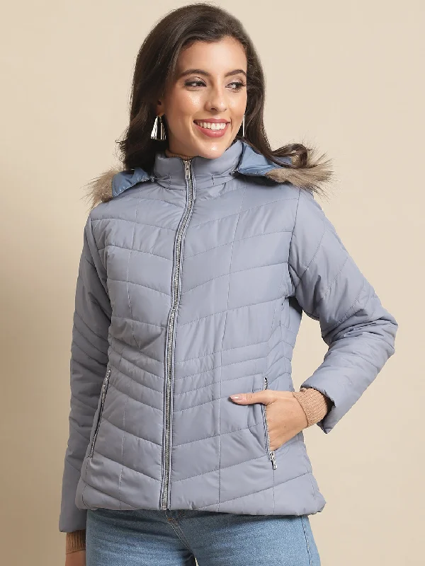 Women's Casual  Blue Quilted Detachable Hood with Faux Fur trim Jacket