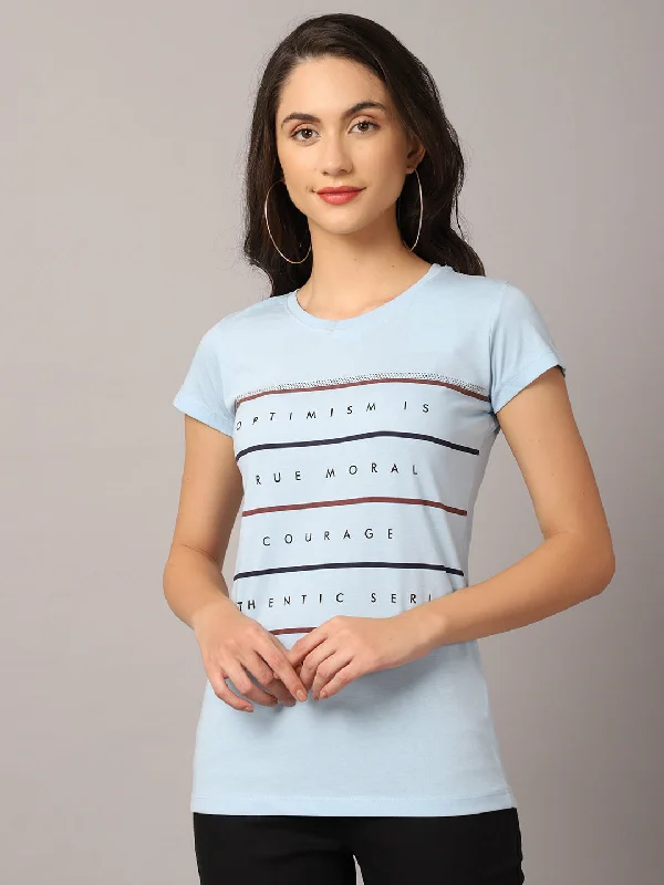 Women's Casual Regular Short Sleeve Sky Blue Round neck Typographic Print T-Shirt