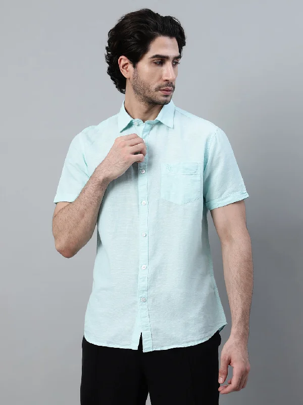 Men's Mint Blue Casual Plain Half Sleeve Shirt