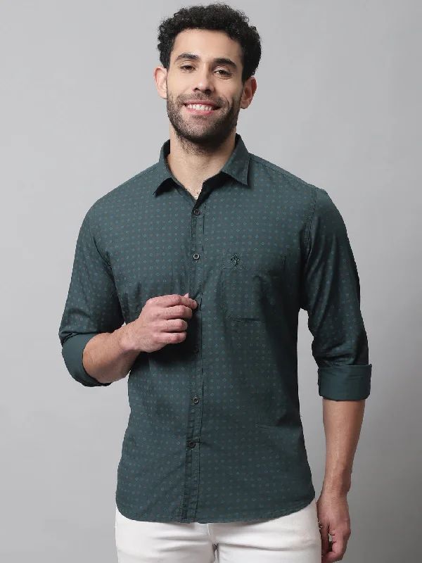 Men's Bottle Green Casual Geometric Print Full Sleeve Shirt