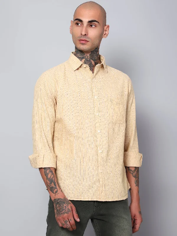 Men's Light Brown Casual Thin Stripe Full Sleeve Shirt