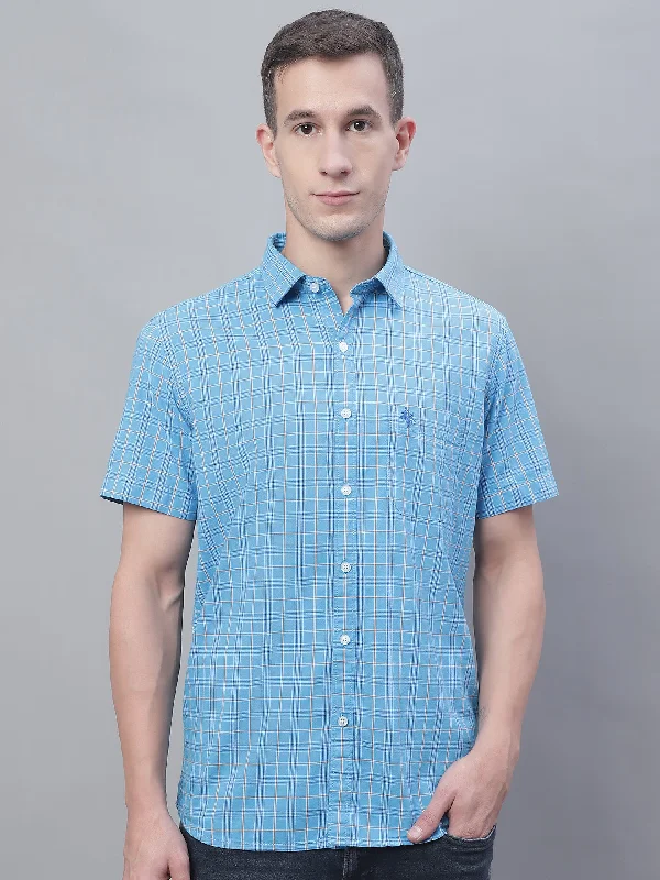 Men's Blue Casual Medium Checks Half Sleeve Shirt