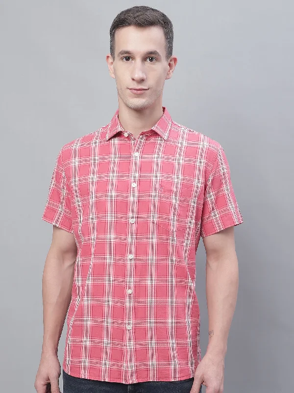 Men's Pink Casual Big Checks Half Sleeve Shirt