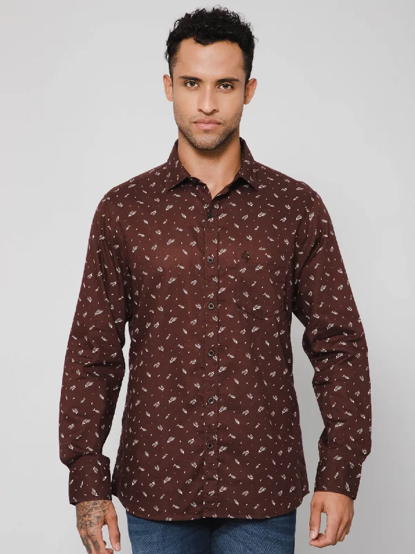 Cotton Printed Brown Full Sleeve Regular Fit Casual Shirt for Men with Pocket