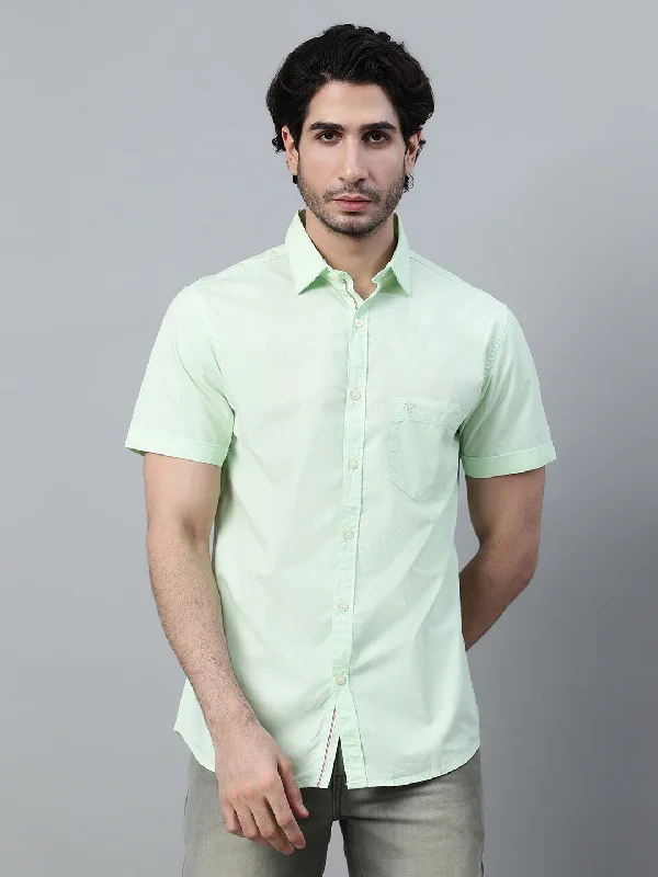 Men's Light Green Casual Plain Half Sleeve Shirt