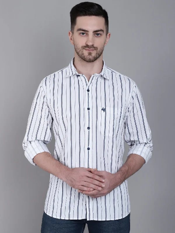 Men's White Casual Narrow Stripe Full Sleeve Shirt