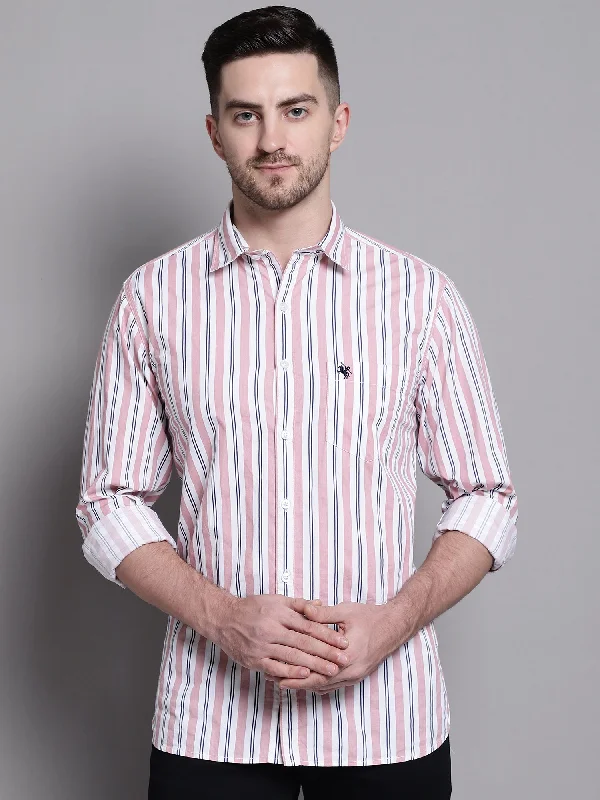 Men's Light Peach Casual Narrow Stripe Full Sleeve Shirt