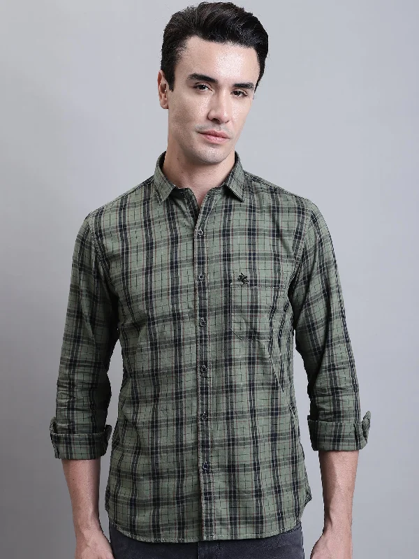 Men's Military Green Casual Medium Checks Full Sleeve Shirt