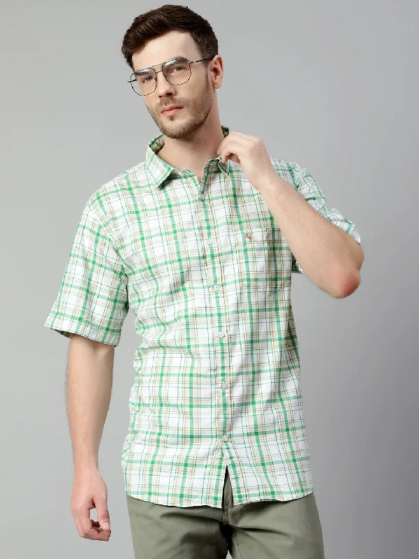 Cotton Checkered Green Half Sleeve Regular Fit Casual Shirt for Men with Pocket