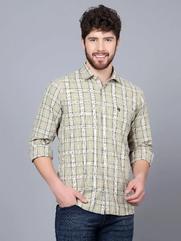 Men's Light Olive Green Casual Medium Checks Full Sleeve Shirt