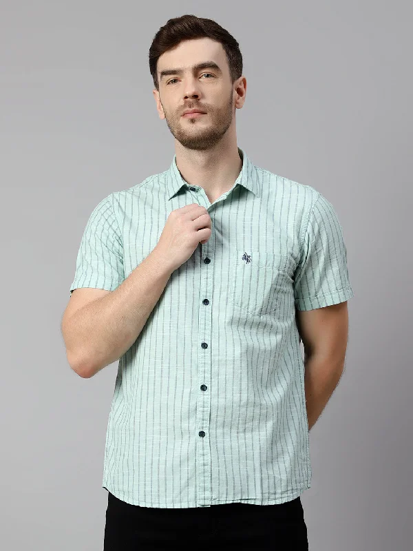 Men's Green Casual Narrow Stripe Half Sleeve Shirt