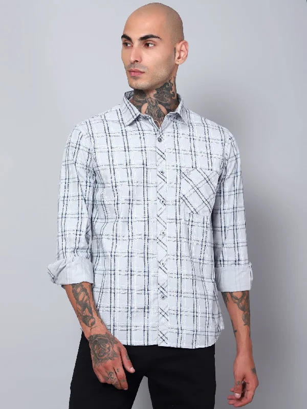 Men's Light Grey Casual Medium Checks Full Sleeve Shirt