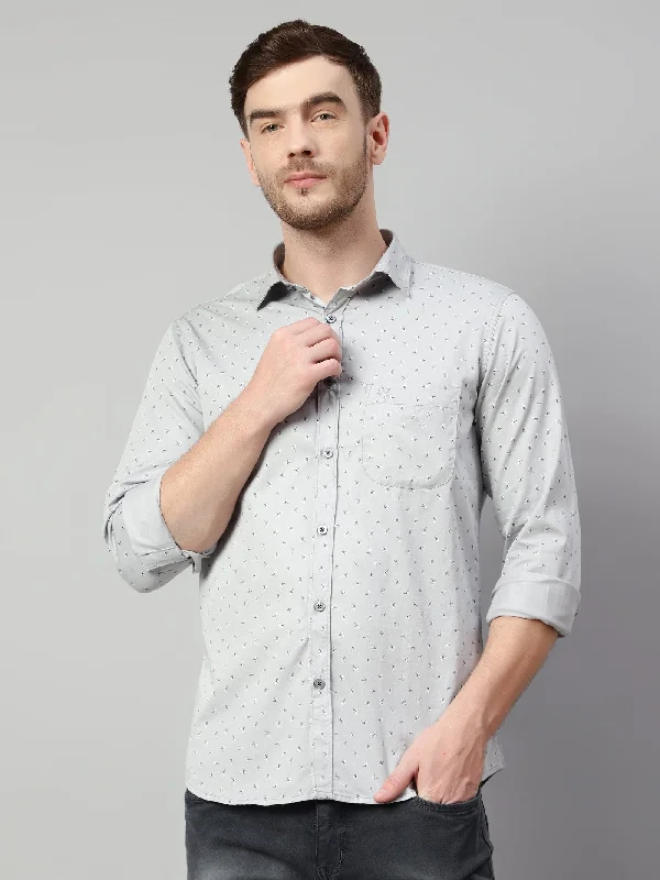 Men's Light Grey Casual Floral Print Full Sleeve Shirt