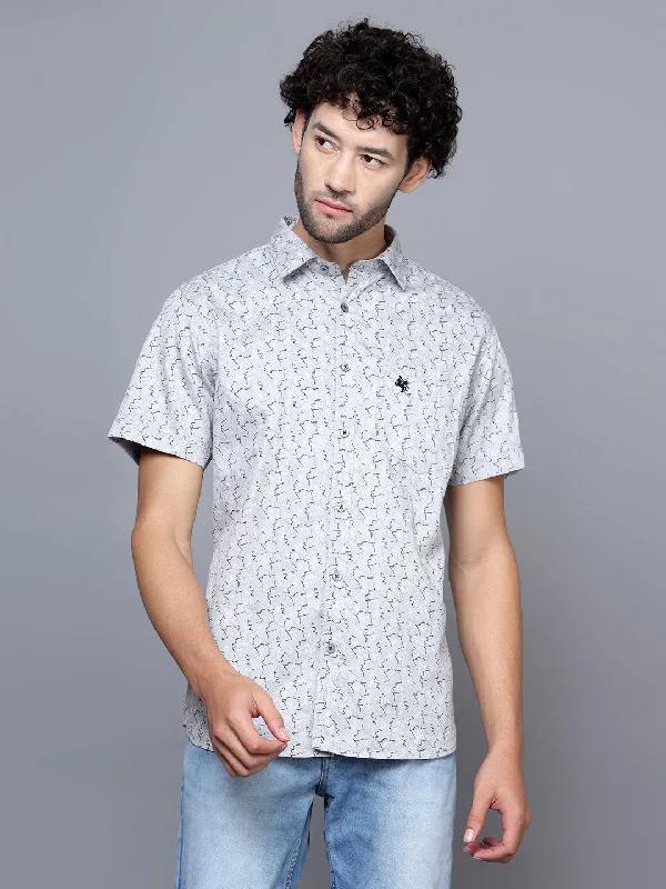 Men's Light Grey Casual Abstract Print Half Sleeve Shirt