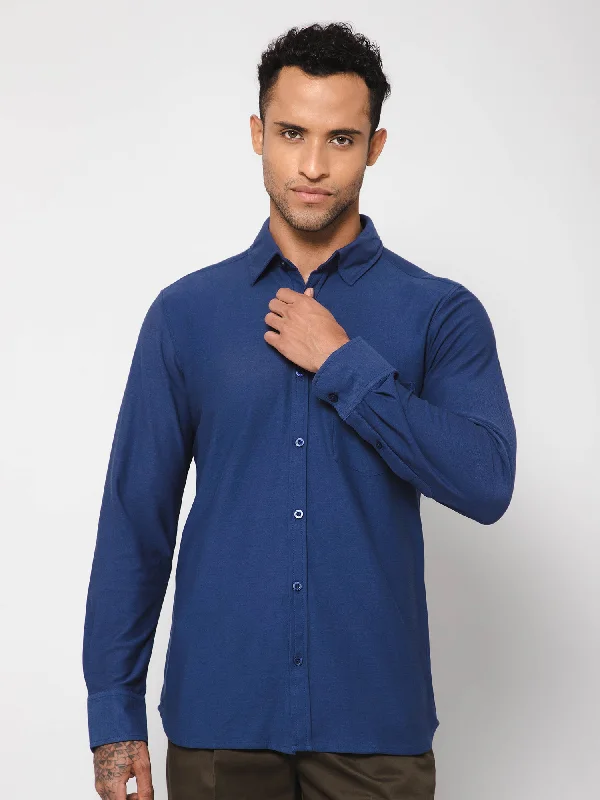 Men's Ink Blue Casual Knit Self Textured Full Sleeve Shirt