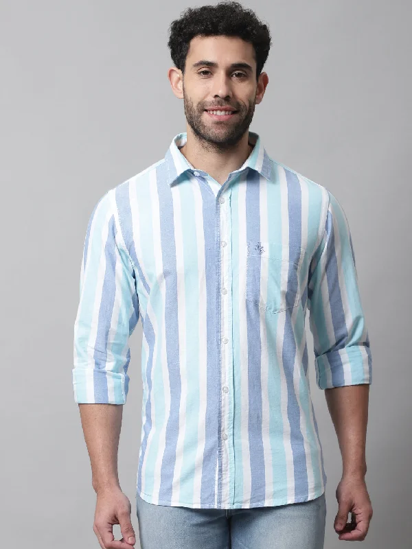 Men's Mint Blue Casual Broad Stripe Full Sleeve Shirt