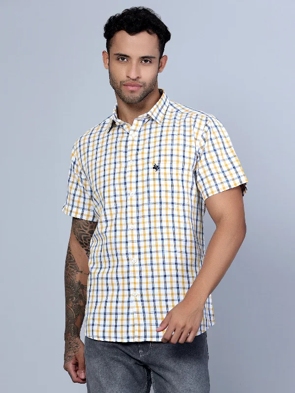 Men's Mustard Casual Medium Checks Half Sleeve Shirt