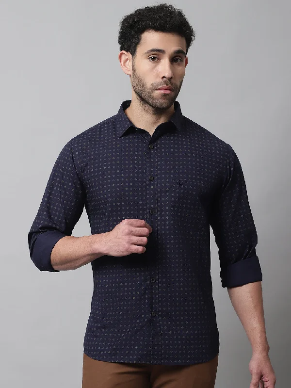 Men's Navy Blue Casual Geometric Print Full Sleeve Shirt