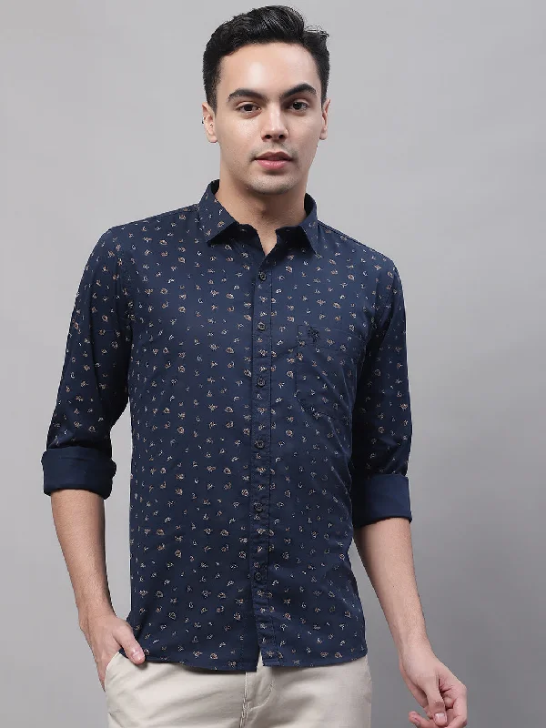 Men's Navy Blue Casual Abstract Print Full Sleeve Shirt