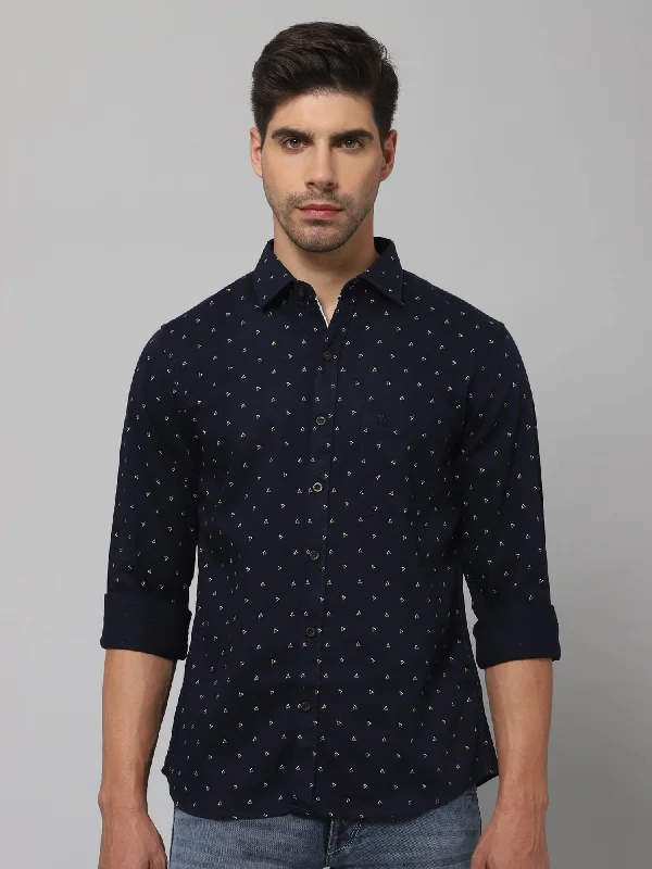 Men's Navy Blue Casual Ditsy Print Full Sleeve Shirt