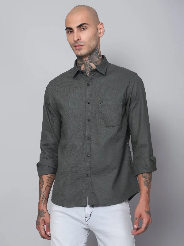 Men's Dark Olive Green Casual Plain Full Sleeve Shirt