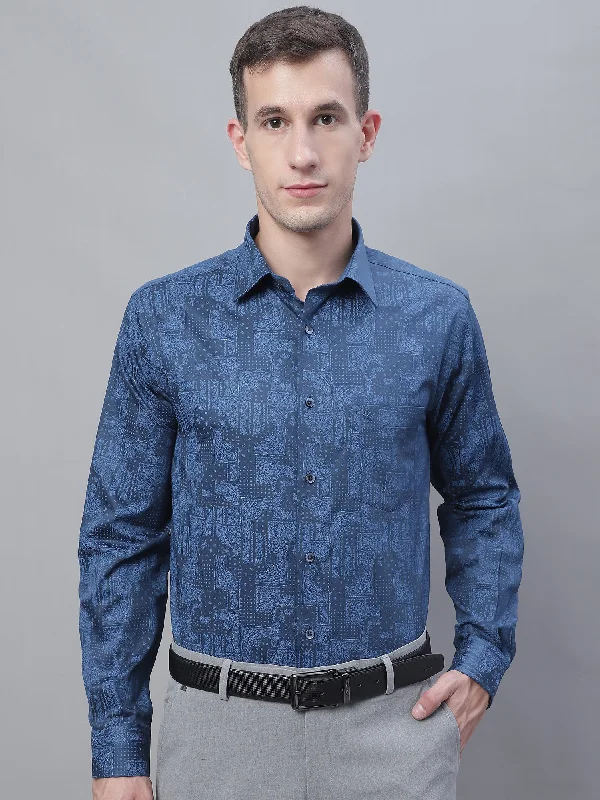 Men's Navy Blue Party Abstract Print Full Sleeve Shirt