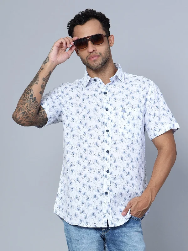 Men's White Casual Floral Print Half Sleeve Shirt