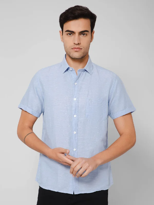 Men's Sky Blue Casual Plain Half Sleeve Shirt