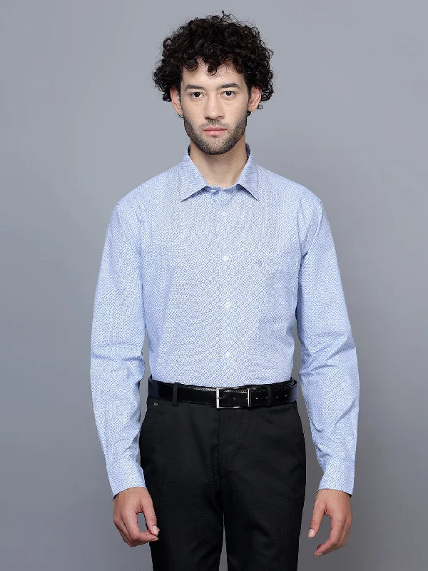 Men's Sky Blue Formal Geometric Print Full Sleeve Shirt